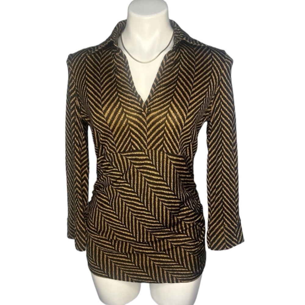 DIANE VON FURSTENBERG VINTAGE CHEVRON COLLARED V-Neck LS TOP SizeM 100%SILK